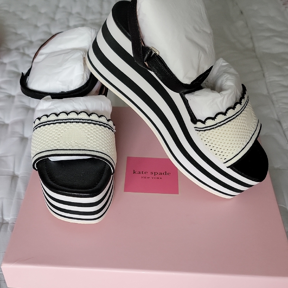 Kate Spade Black and Optic White Striped HIGHRISE Spade Platform Sandals